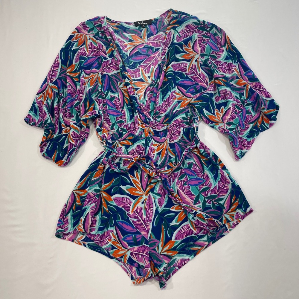 Lulu's Teal Purple Orange Tropical Print Cotton Blend Romper